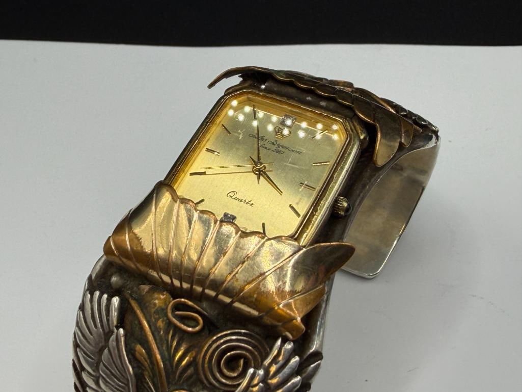 NAVAJO ALLEN CHEE ARTIST SIGNED STERLING SILVER TOOLED SILVER EAGLE, FEATHER, AND SCROLL WATCH CUFF - 3