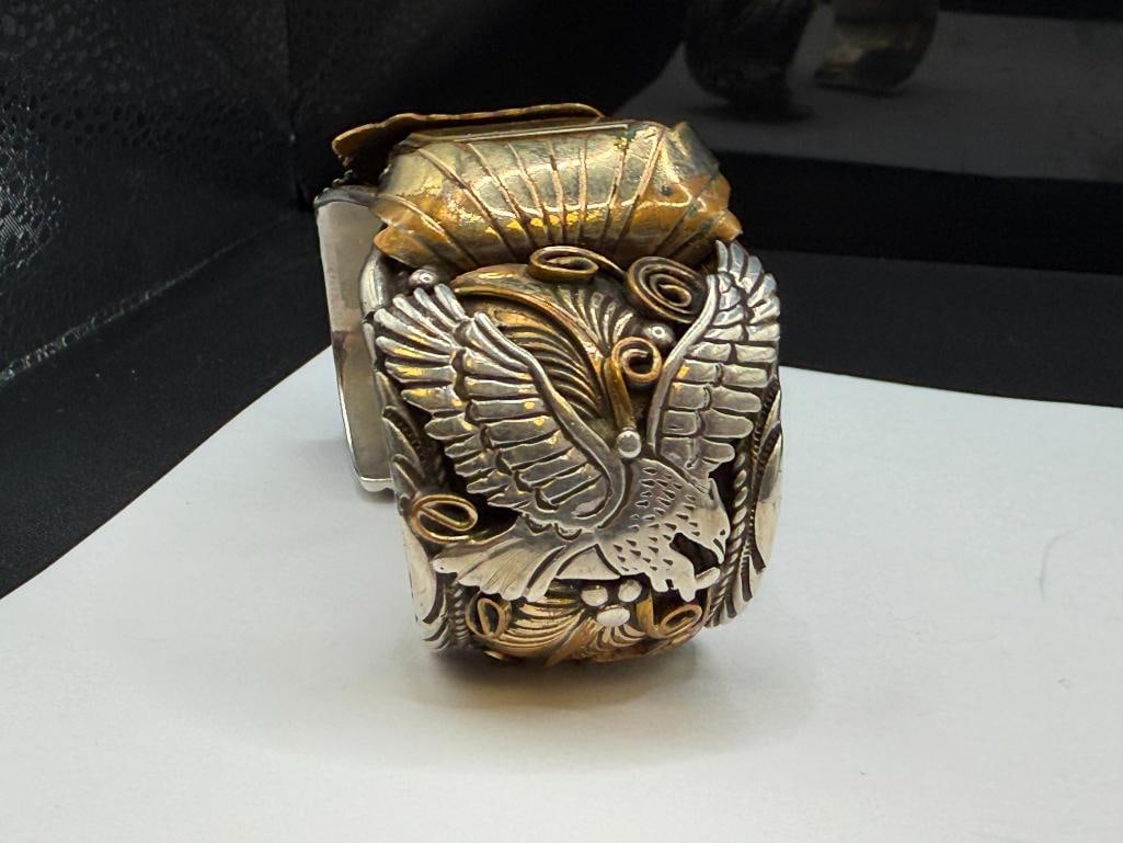 NAVAJO ALLEN CHEE ARTIST SIGNED STERLING SILVER TOOLED SILVER EAGLE, FEATHER, AND SCROLL WATCH CUFF - 6