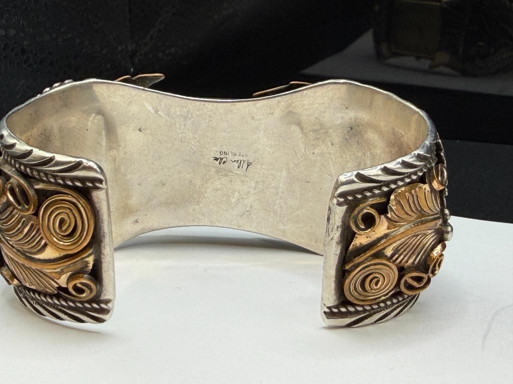 NAVAJO ALLEN CHEE ARTIST SIGNED STERLING SILVER TOOLED SILVER EAGLE, FEATHER, AND SCROLL WATCH CUFF - 8