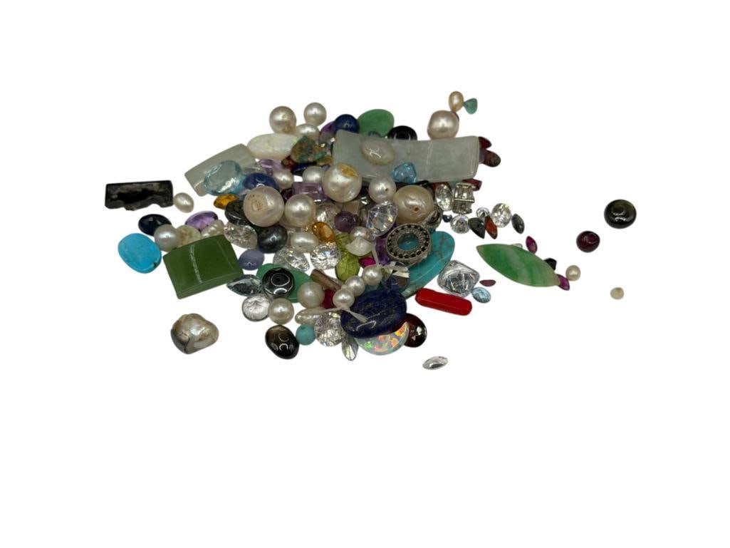 ASSORTED GEMSTONES AND SIMULATED GEMSTONES: FEATURING VARIOUS CUTS, INCLUDES TURQUOISE, GREEN JADE, LAPIS, PEARLS, CZ'S, AND MORE APPROX. 161CTS