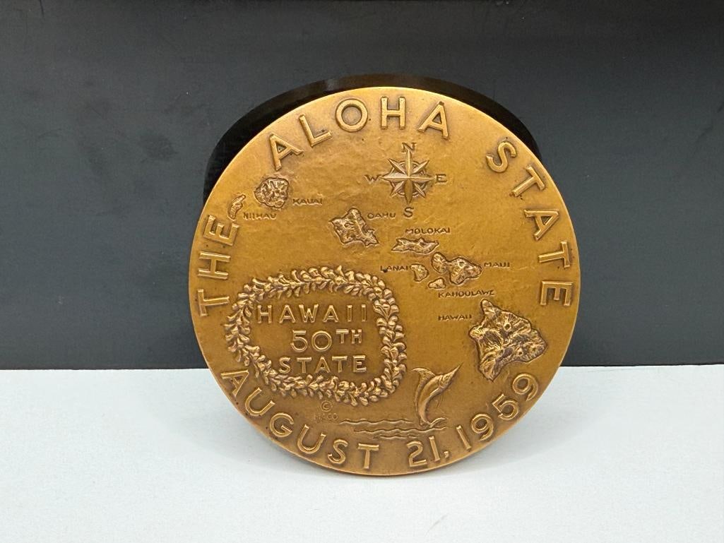 VINTAGE HAWAII STATEHOOD COMMEMORATIVE STATE OF HAWAII BRONZE MEDAL " THE ALOHA STATE " - 4