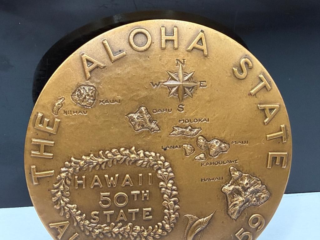 VINTAGE HAWAII STATEHOOD COMMEMORATIVE STATE OF HAWAII BRONZE MEDAL " THE ALOHA STATE " - 5