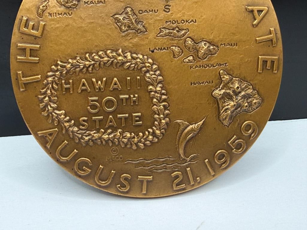 VINTAGE HAWAII STATEHOOD COMMEMORATIVE STATE OF HAWAII BRONZE MEDAL " THE ALOHA STATE " - 6