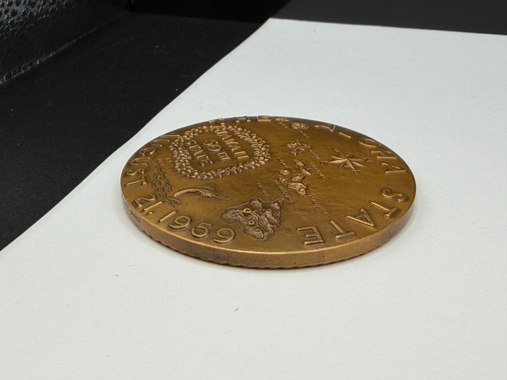 VINTAGE HAWAII STATEHOOD COMMEMORATIVE STATE OF HAWAII BRONZE MEDAL " THE ALOHA STATE " - 7