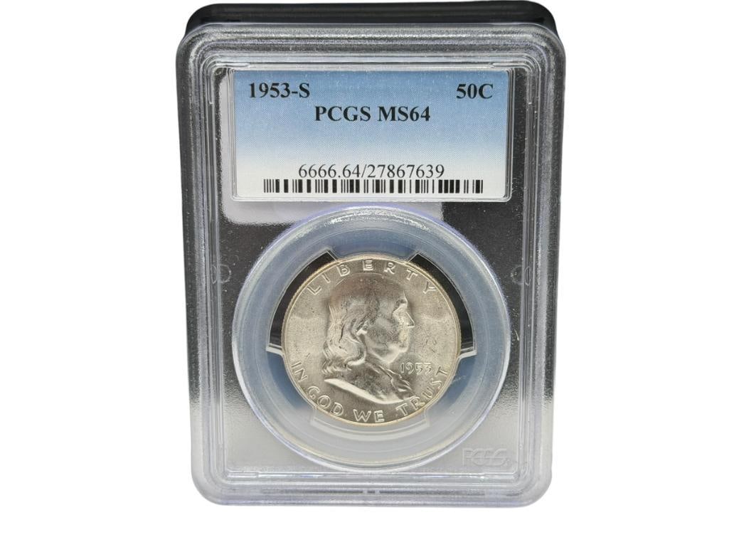 1953-S U.S. FRANKLIN SILVER HALF DOLLAR PCGS MS64: 90% SILVER