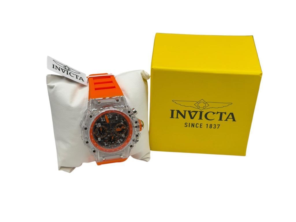INVICTA RACING 69679 QUARTZ CHRONOGRAPH WRISTWATCH: TRANSPARENT CASE WITH BLACK DIAL AND ORANGE BEZEL ACCENTS AND VIBRANT ORANGE SILICONE BAND, INCLUDES ORIGINAL BOX, IN RUNNING CONDITION, 50M WATER RESISTANT 43.5MM CASE