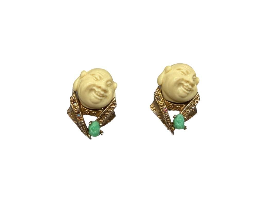 VINTAGE HAR LAUGHING BUDDHA COSTUME JEWELRY CLIP-BACK EARRINGS: ACCENTED BY RHINESTONES, FIGURAL SMILING BUDDHA FACE, AND SIMULATED GREEN JADE 1 3/8"