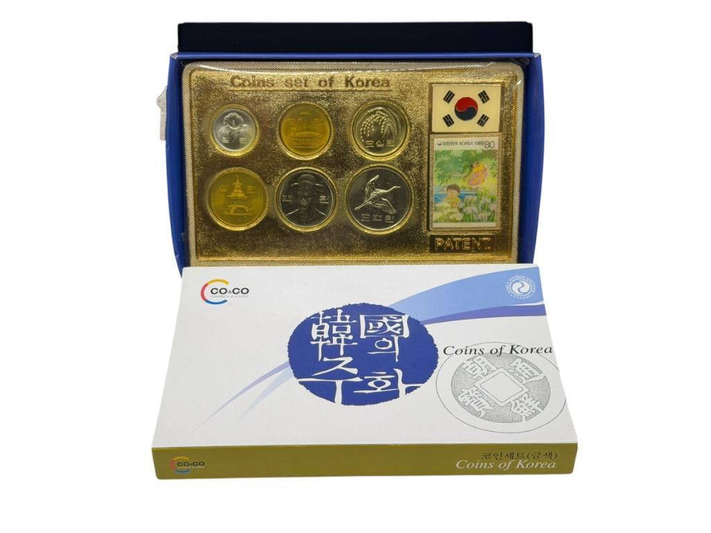 COIN SET OF KOREA SOUVENIR OF KOREA TOUR IN ORIGINAL BOX WITH CERTIFICATE: INCLUDES SIX COINS IN SET, VARIOUS YEARS DATING BACK TO 1983