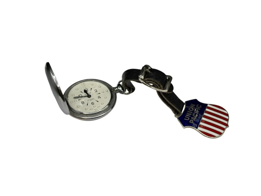 M. DAMAS INCABLOC 17 JEWEL POCKET WATCH WITH UNION PACIFIC RAILROAD WATCH FOB (1 of 9)