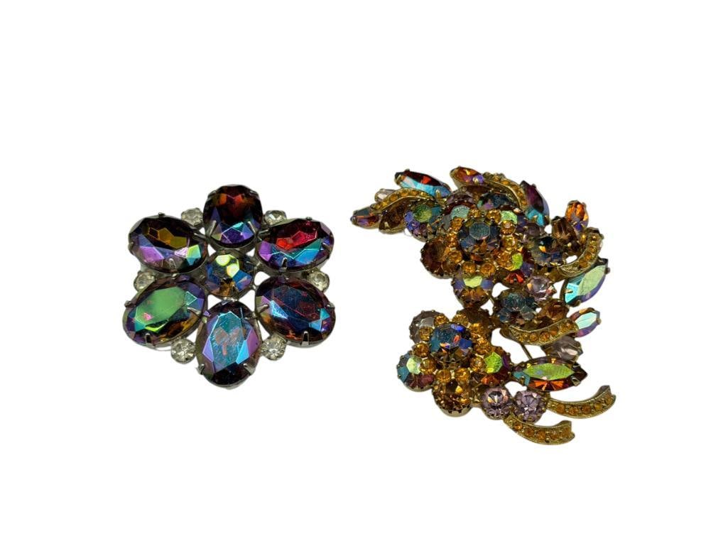 VINTAGE AUROROA BOREALIS RHINESTONE COSTUME JEWELRY BROOCH AND ADDITIONAL RHINESTONE PIECE: LARGEST PIECE HAS BROOCH BACK, OTHER DOES NOT, ONE GOLD TONE AND OTHER HAS SILVER TONE LARGEST IS 2 3/4"