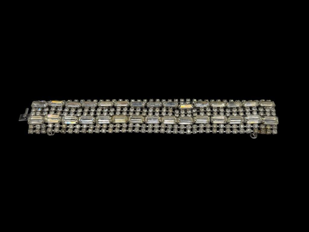 UNIQUE EMERALD AND ROUND CUT RHINESTONE MULTI-ROW BRACELET: MISSING SAFETY CHAIN 7 1/4" X 1 1/4"
