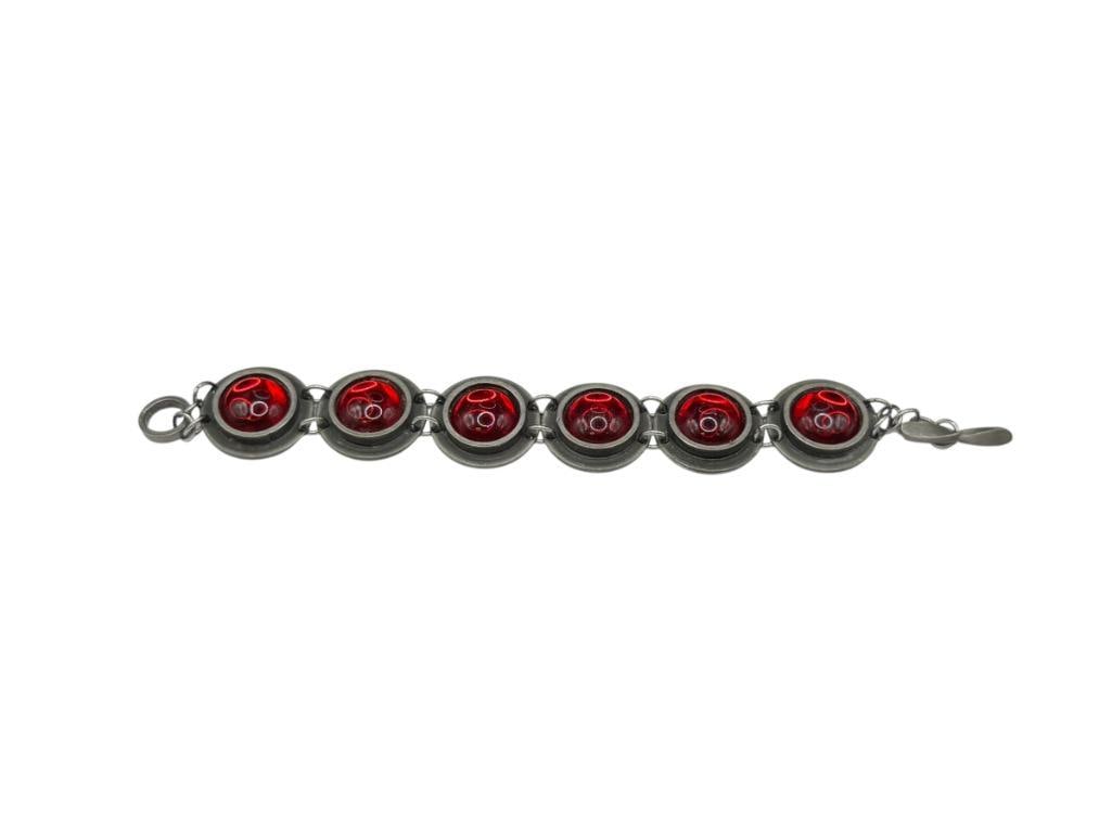 VINTAGE BENT LARSEN TIN DENMARK MADE COSTUME JEWELRY BRACELET WITH RED GLASS CABOCHONS: SIGNED BY ARTIST, TOGGLE CLASP, SIX LINKS WITH RED GLASS CABOCHONS 7 1/4" X 1"