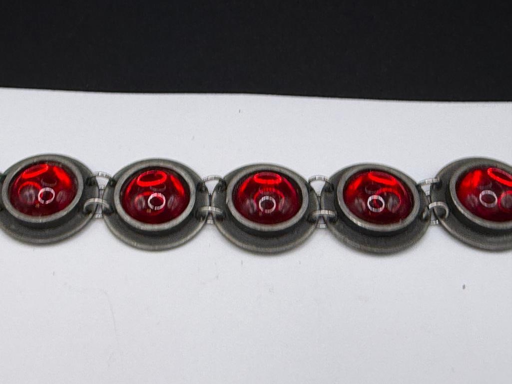 VINTAGE BENT LARSEN TIN DENMARK MADE COSTUME JEWELRY BRACELET WITH RED GLASS CABOCHONS - 2