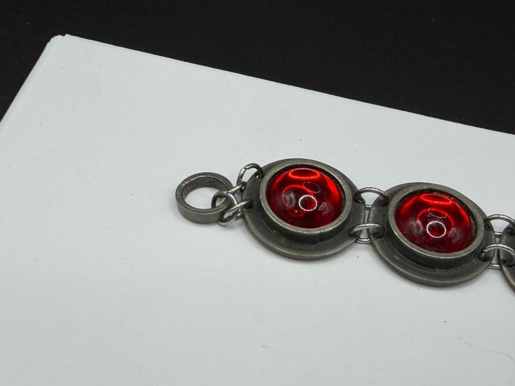 VINTAGE BENT LARSEN TIN DENMARK MADE COSTUME JEWELRY BRACELET WITH RED GLASS CABOCHONS - 3