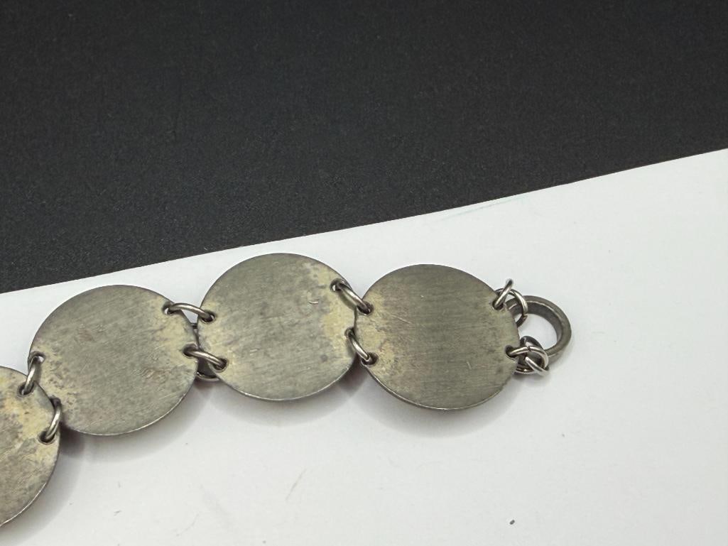 VINTAGE BENT LARSEN TIN DENMARK MADE COSTUME JEWELRY BRACELET WITH RED GLASS CABOCHONS - 5