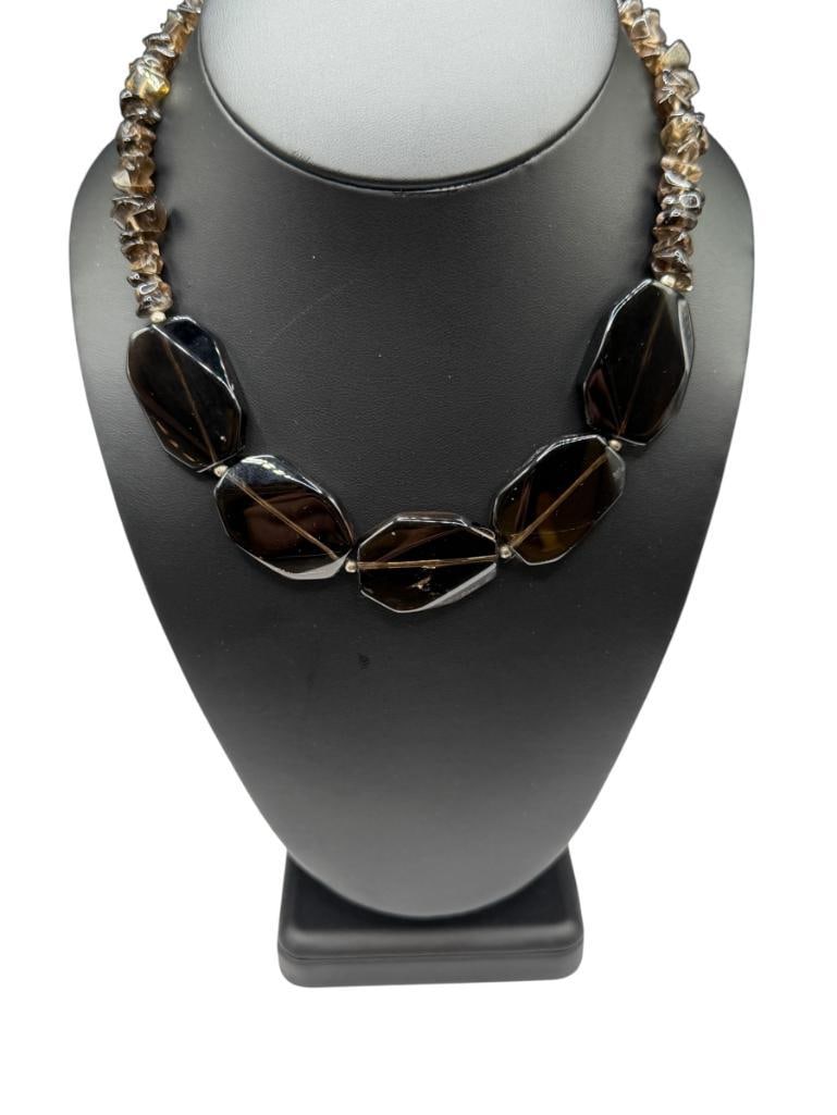 SMOKEY TOPAZ FASHION NECKLACE WITH FACETED AND NUGGET SHAPED BEADS: FEATURING A STERLING SILVER CLASP 14" WITH 2" EXTENDER, LARGEST BEADS ARE 1 1/4"
