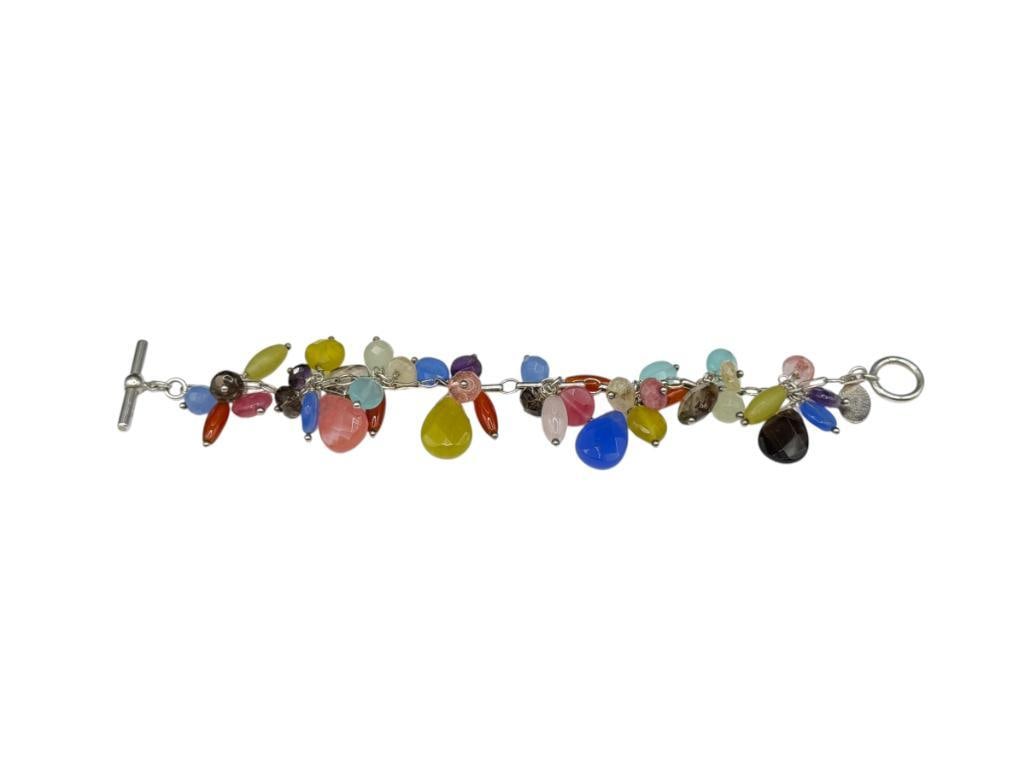 VINTAGE STERLING SILVER ERICA ZAP DESIGNS MULTI-GEMSTONE CLUSTER CHARM DANGLE BRACELET: TOGGLE CLASP, VARIOUS CUT AND FACETED GEMSTONES 7 1/2", UP TO 3/4" CHARMS, 37.42 GRAMS