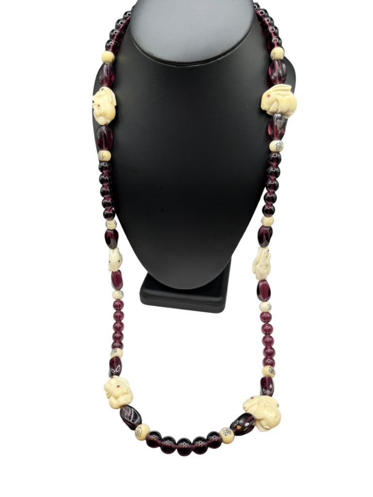 ASIAN CARVED BONE RABBIT BEAD AND SYNTHETIC PURPLE BEADS NECKLACE (1 of 9)