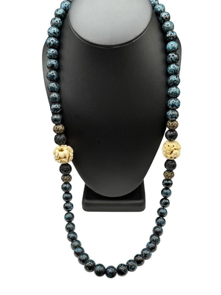 WENDY LEE DESIGNER SIGNED MOSAIC BEAD NECKLACE WITH CARVED BONE ACCENTS (1 of 9)