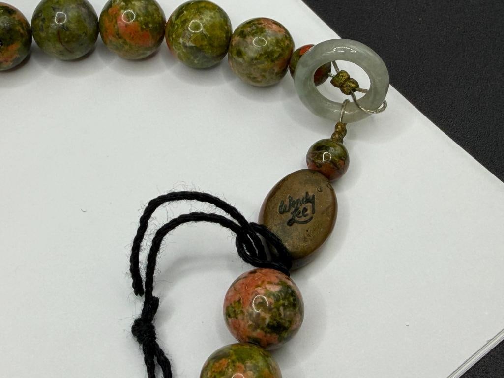 WENDY LEE DESIGNER SIGNED CARVED BONE, UNAKITE, AND BLACK TOURMALINE BEAD NECKLACE - 10