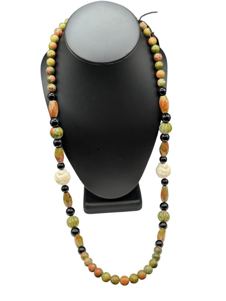 WENDY LEE DESIGNER SIGNED CARVED BONE, UNAKITE, AND BLACK TOURMALINE BEAD NECKLACE (1 of 10)