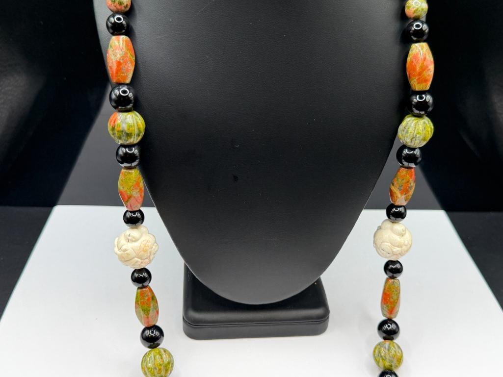 WENDY LEE DESIGNER SIGNED CARVED BONE, UNAKITE, AND BLACK TOURMALINE BEAD NECKLACE - 2
