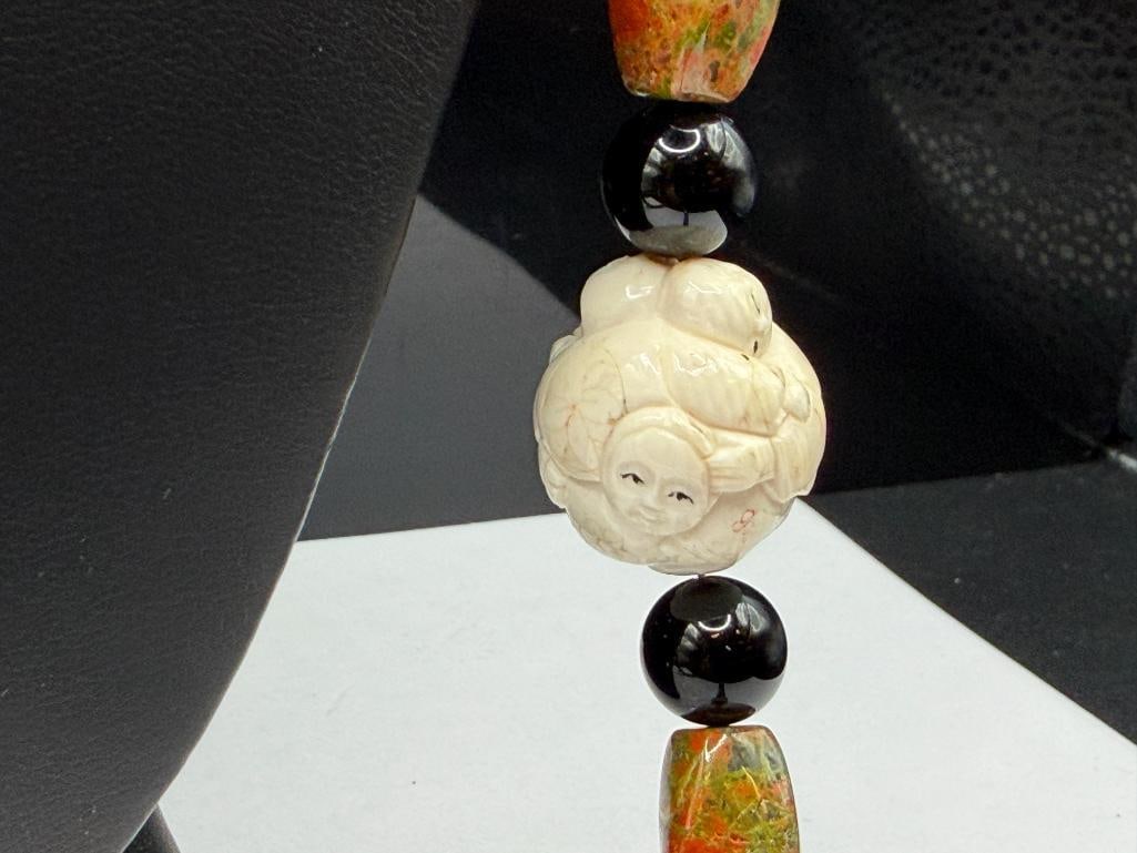WENDY LEE DESIGNER SIGNED CARVED BONE, UNAKITE, AND BLACK TOURMALINE BEAD NECKLACE - 4