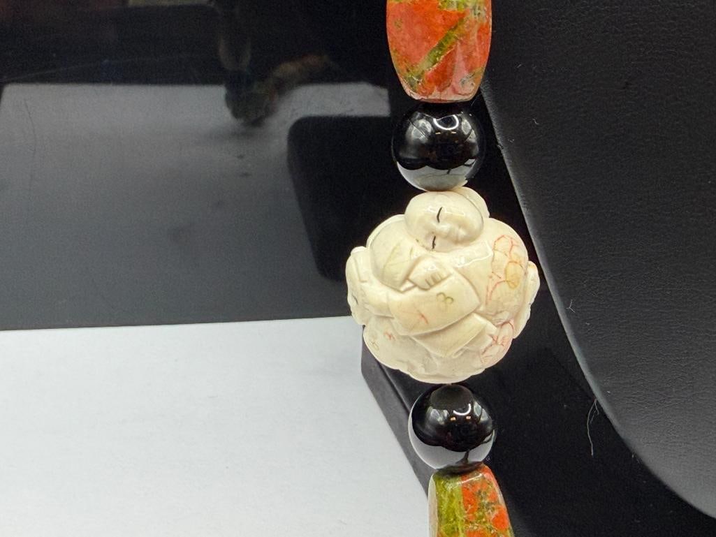 WENDY LEE DESIGNER SIGNED CARVED BONE, UNAKITE, AND BLACK TOURMALINE BEAD NECKLACE - 5