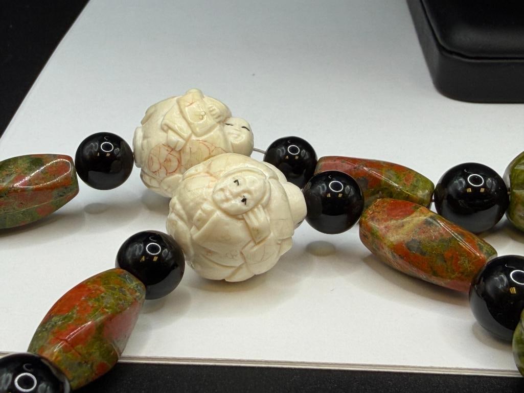 WENDY LEE DESIGNER SIGNED CARVED BONE, UNAKITE, AND BLACK TOURMALINE BEAD NECKLACE - 6