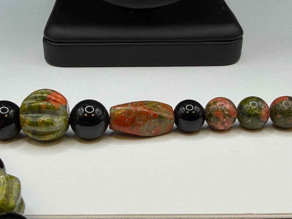 WENDY LEE DESIGNER SIGNED CARVED BONE, UNAKITE, AND BLACK TOURMALINE BEAD NECKLACE - 7