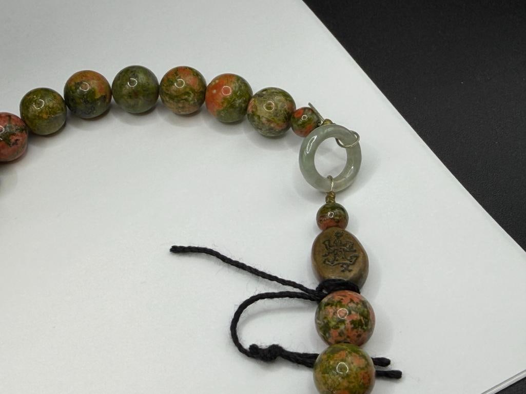 WENDY LEE DESIGNER SIGNED CARVED BONE, UNAKITE, AND BLACK TOURMALINE BEAD NECKLACE - 8