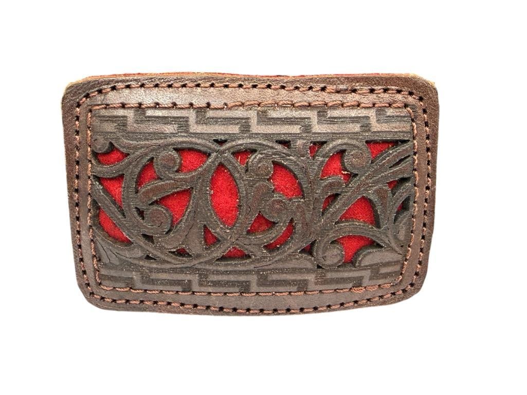 SILVERTON LEATHER WESTERN BELT BUCKLE: FEATURING TOOLED LEATHER WITH RED CLOTH BACK 3 3/4"