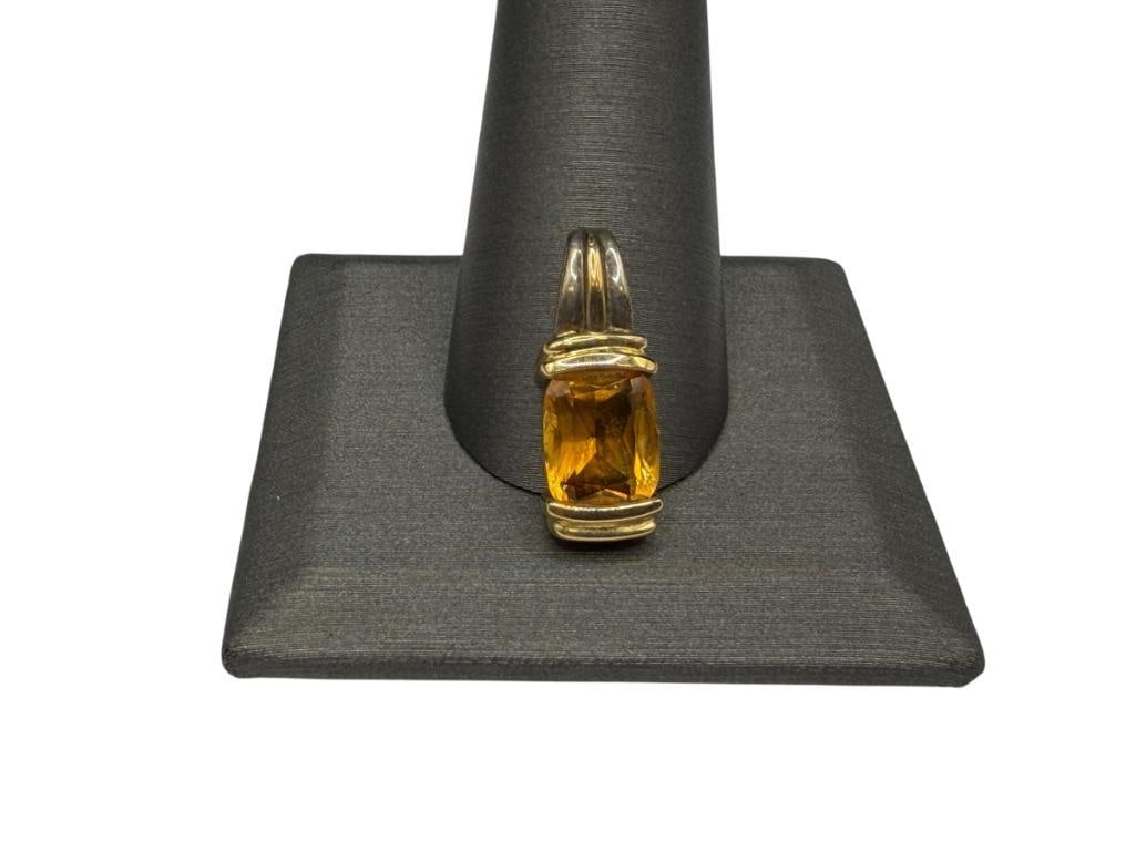 LORENZO DESIGNER SIGNED STERLING SILVER AND 18K YELLOW GOLD CITRINE PENDANT: 7/8", 11MM X 8MM CITRINE, 4.30 GRAMS