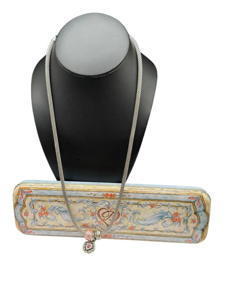 BRIGHTON DESIGNER SIGNED SILVER PLATED NECKLACE WITH PINK HEART CHARM PENDANT AND BEADS (1 of 10)