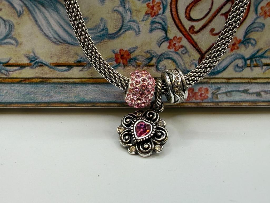 BRIGHTON DESIGNER SIGNED SILVER PLATED NECKLACE WITH PINK HEART CHARM PENDANT AND BEADS - 2
