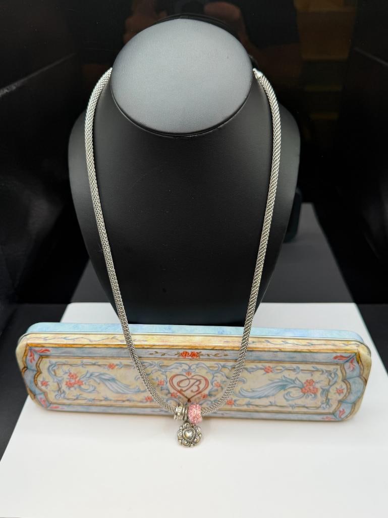 BRIGHTON DESIGNER SIGNED SILVER PLATED NECKLACE WITH PINK HEART CHARM PENDANT AND BEADS - 3