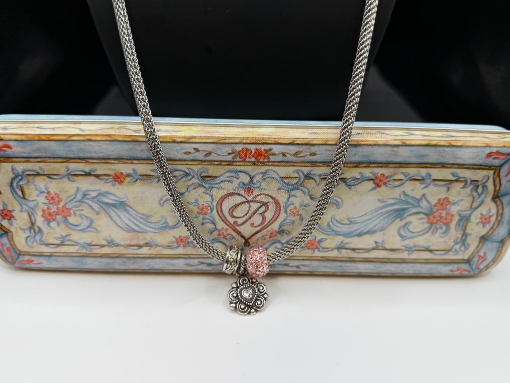 BRIGHTON DESIGNER SIGNED SILVER PLATED NECKLACE WITH PINK HEART CHARM PENDANT AND BEADS - 4