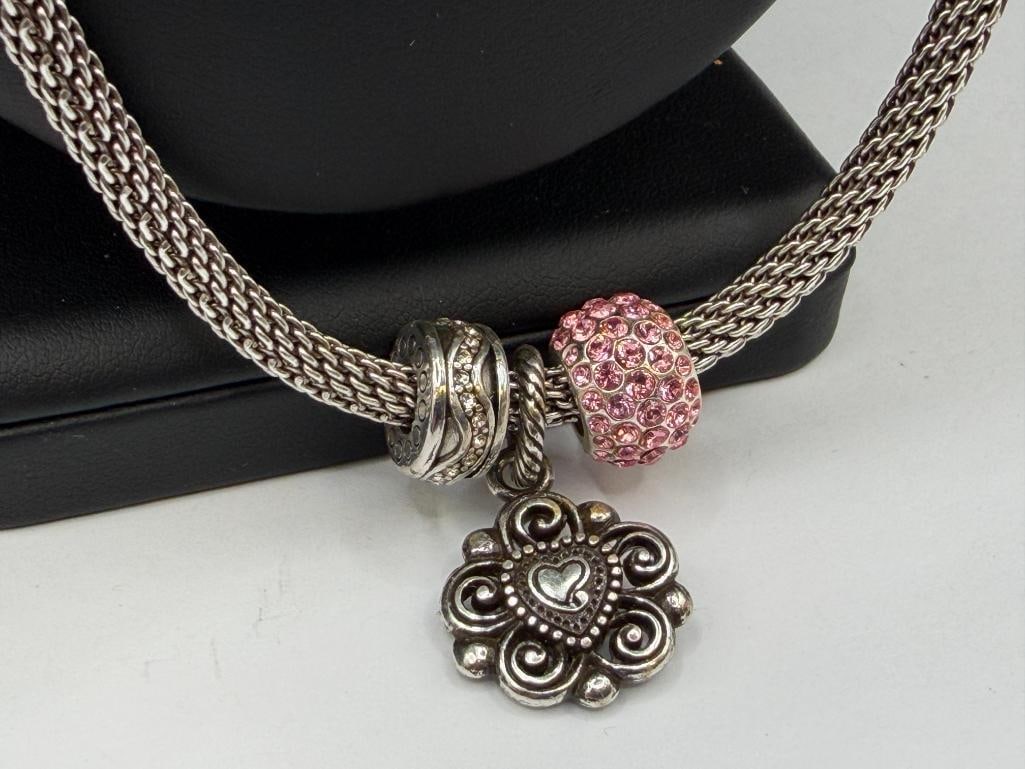 BRIGHTON DESIGNER SIGNED SILVER PLATED NECKLACE WITH PINK HEART CHARM PENDANT AND BEADS - 5