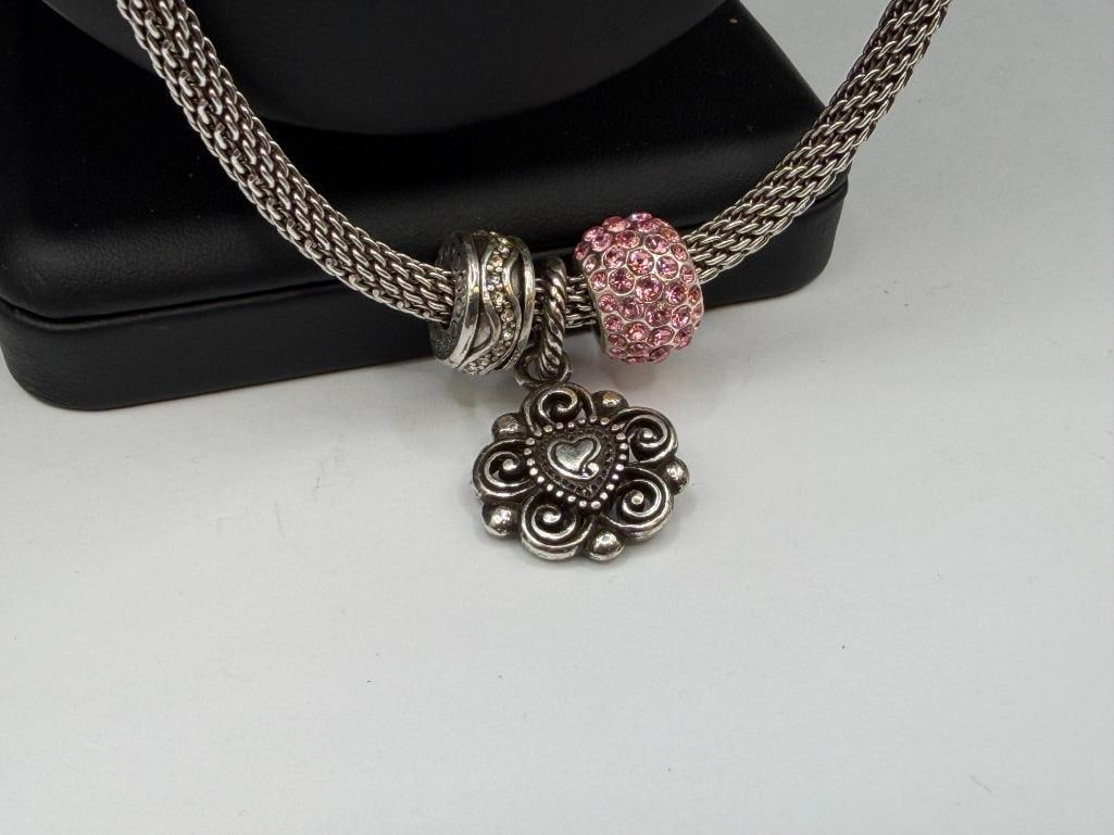 BRIGHTON DESIGNER SIGNED SILVER PLATED NECKLACE WITH PINK HEART CHARM PENDANT AND BEADS - 6
