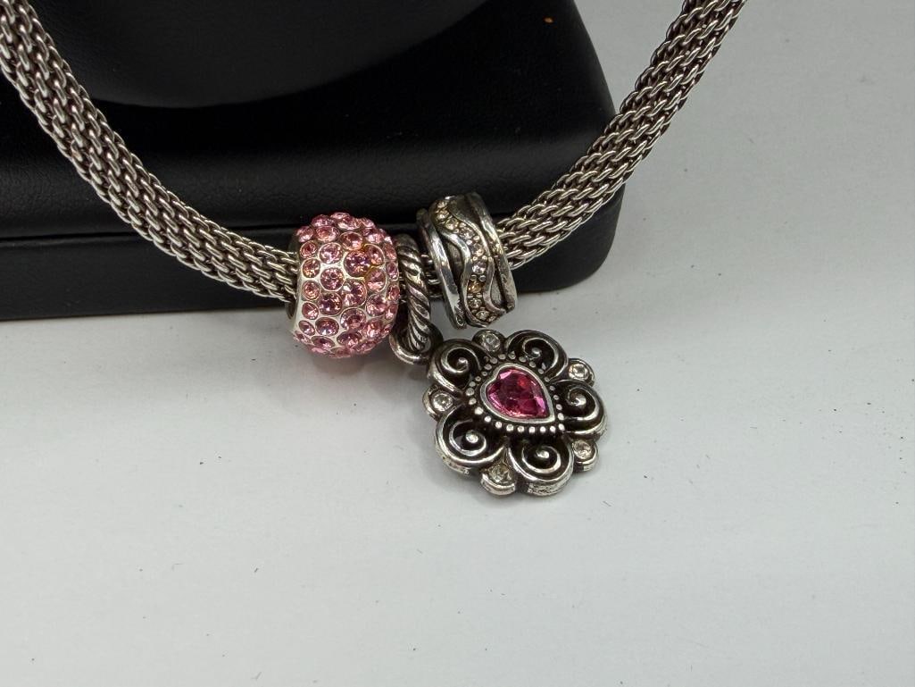 BRIGHTON DESIGNER SIGNED SILVER PLATED NECKLACE WITH PINK HEART CHARM PENDANT AND BEADS - 7