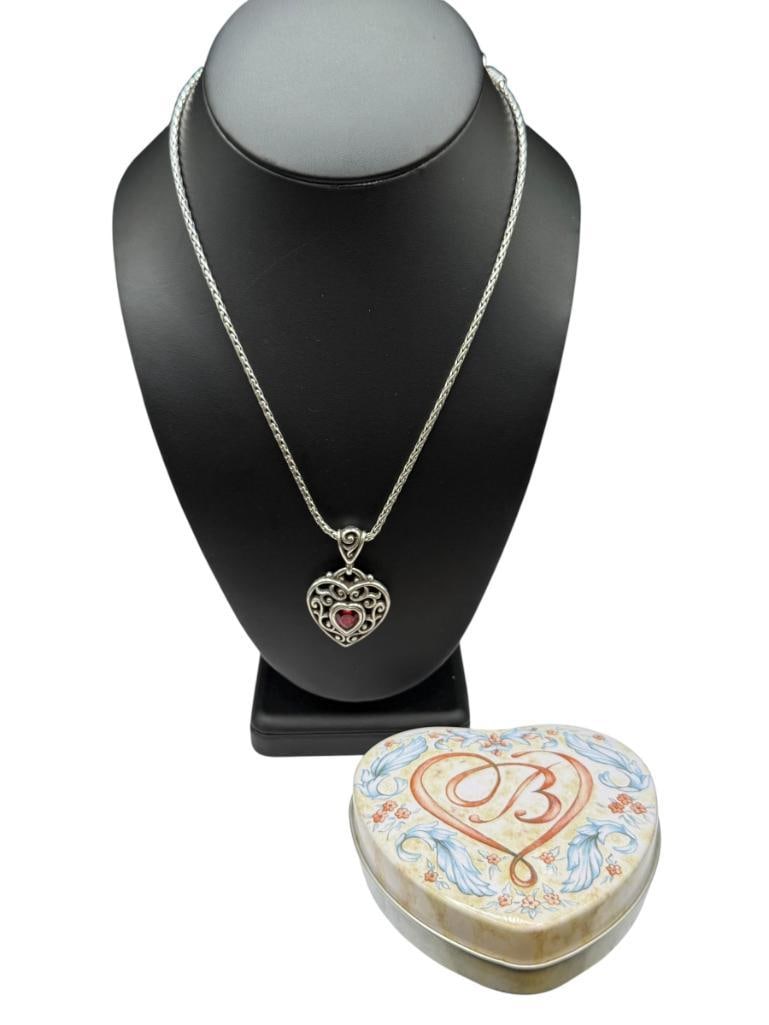 BRIGHTON DESIGNER SIGNED SILVER PLATED RED STONE HEART PENDANT NECKLACE "LOVE YOUR" (1 of 8)