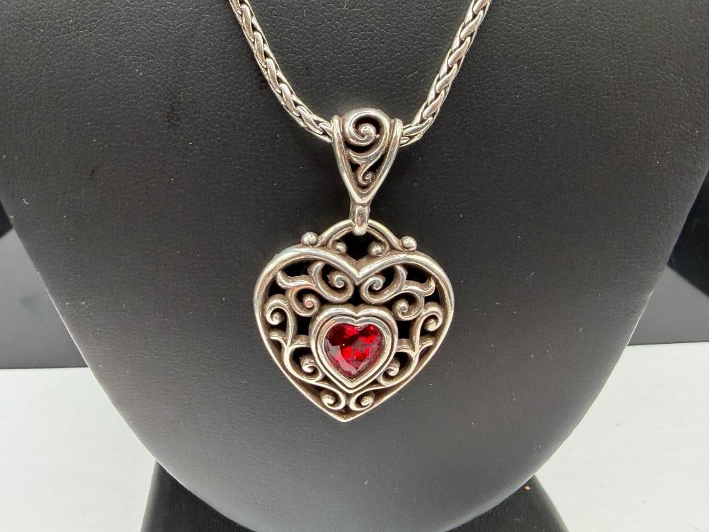 BRIGHTON DESIGNER SIGNED SILVER PLATED RED STONE HEART PENDANT NECKLACE "LOVE YOUR" - 2