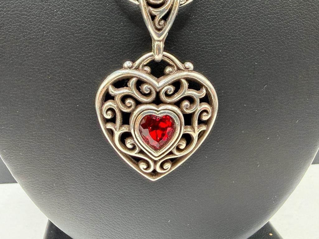 BRIGHTON DESIGNER SIGNED SILVER PLATED RED STONE HEART PENDANT NECKLACE "LOVE YOUR" - 3