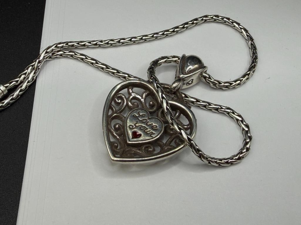BRIGHTON DESIGNER SIGNED SILVER PLATED RED STONE HEART PENDANT NECKLACE "LOVE YOUR" - 5