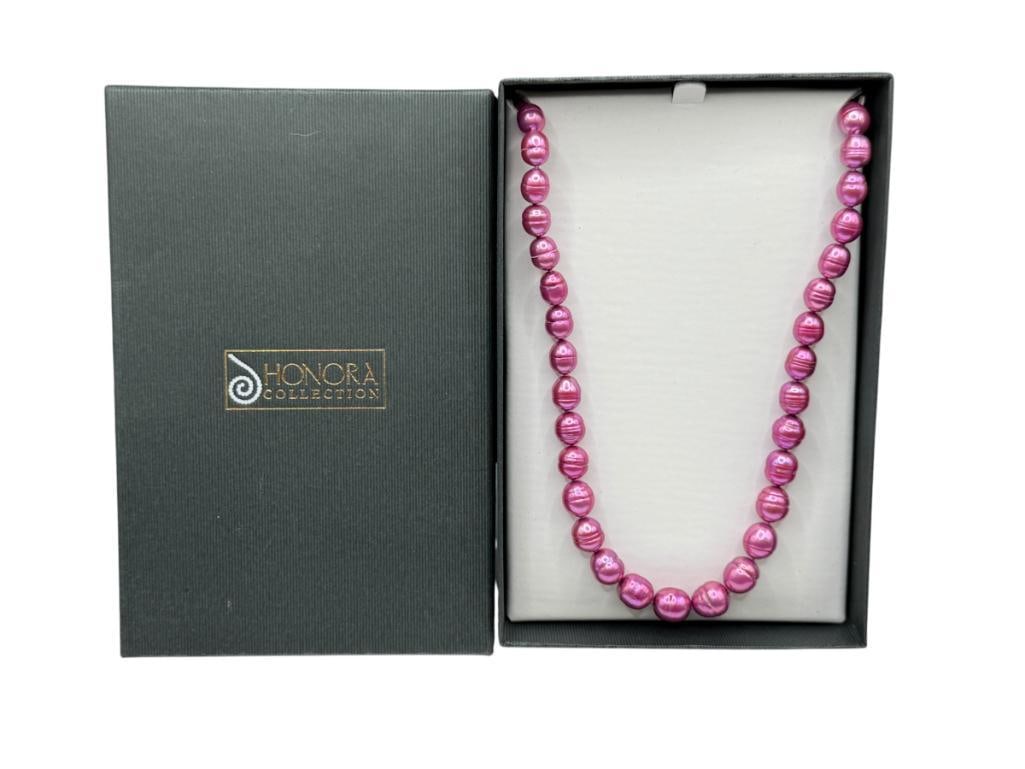 HONORA COLLECTION DYED FUSCHIA RINGED BAROQUE FRESHWATER PEARL NECKLACE: FEATURING STERLING SILVER CLASP, GRADUATED PEARLS, INCLUDES HONORA COLLECTION BOX 18" WITH 1 1/2" EXTENDER, UP TO 10MM PEARLS