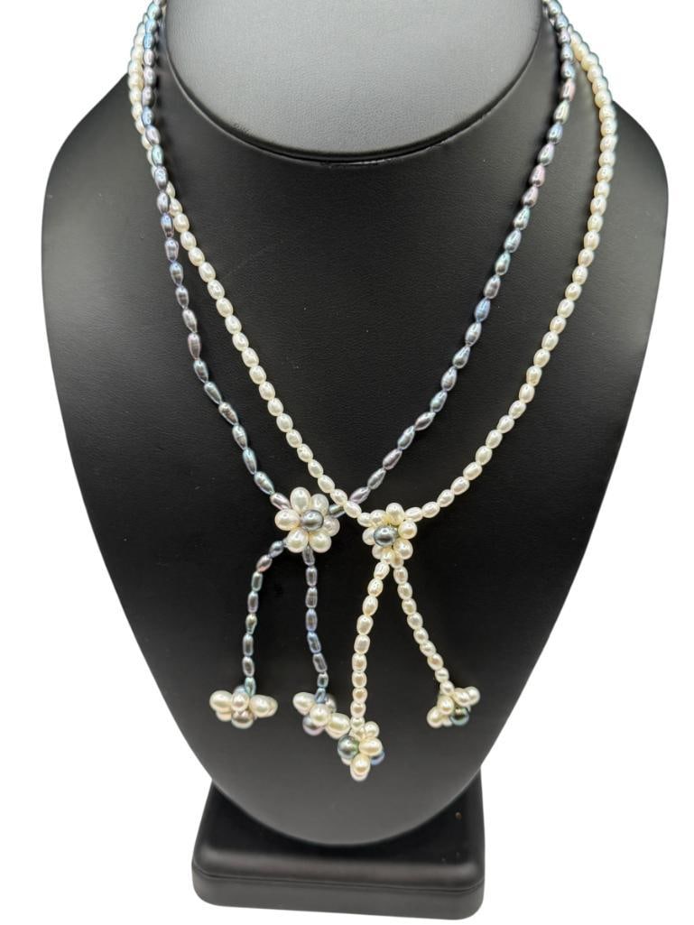 TWO FRESHWATER PEARL NECKLACES WITH FLORAL DESIGN AND 14K YELLOW GOLD CLASPS (1 of 6)