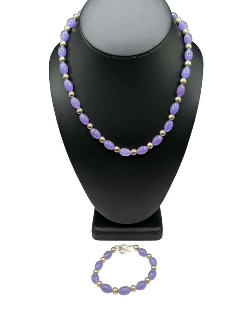 STERLING SILVER LAVENDER JADE NECKLACE AND MATCHING BRACELET: BOTH WITH STERLING SILVER TOGGLE CLASPS 18" NECKLACE, 7 1/4" BRACELET, 12MM JADE BEADS