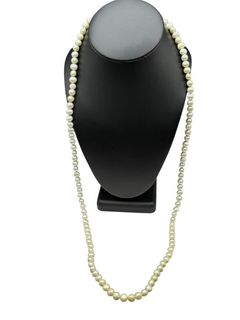 LIGHT GREEN DYED PEARL NECKLACE: NO CLASP, FULL STRAND 36", UP TO 9MM PEARLS