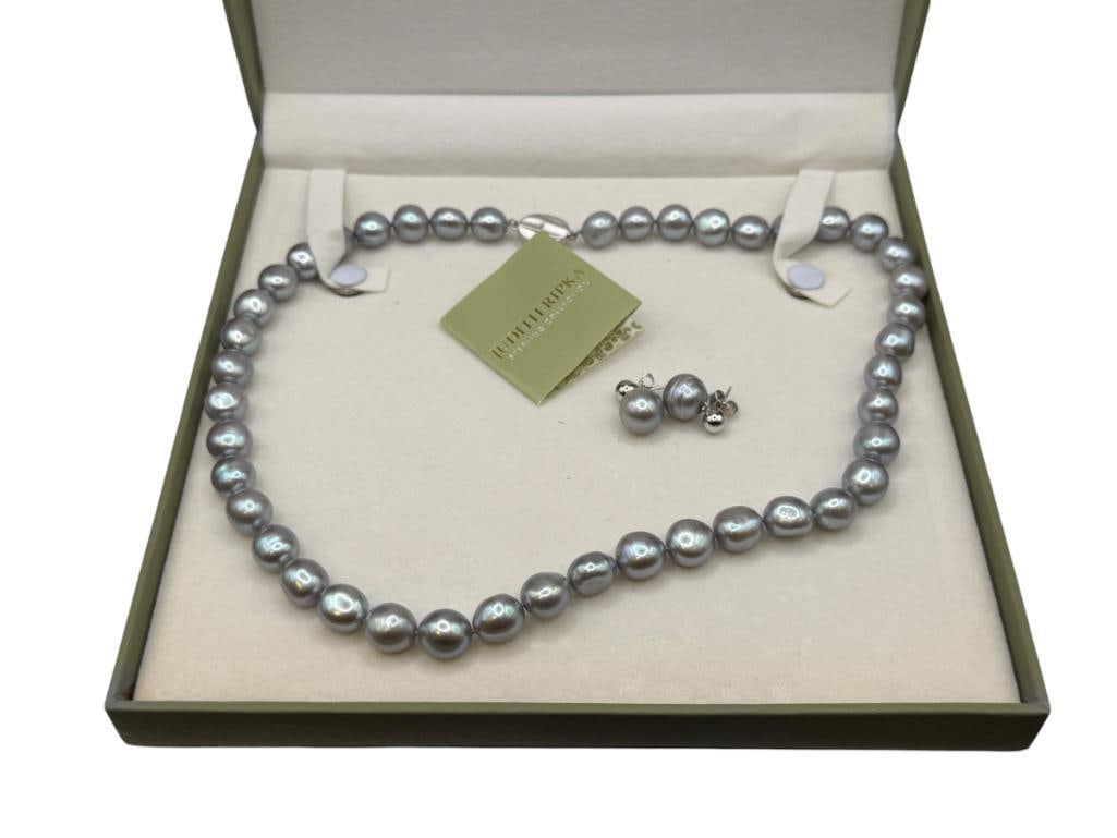 GREY PEARL NECKLACE WITH STERLING SILVER CLASP AND MATCHING EARRINGS: IN JUDITH RIPKA BOX BUT NOT BELIEVED TO BE JUDITH RIPKA JEWELRY, EARRINGS ARE ALSO STERLING SILVER 19", UP TO 12MM PEARLS