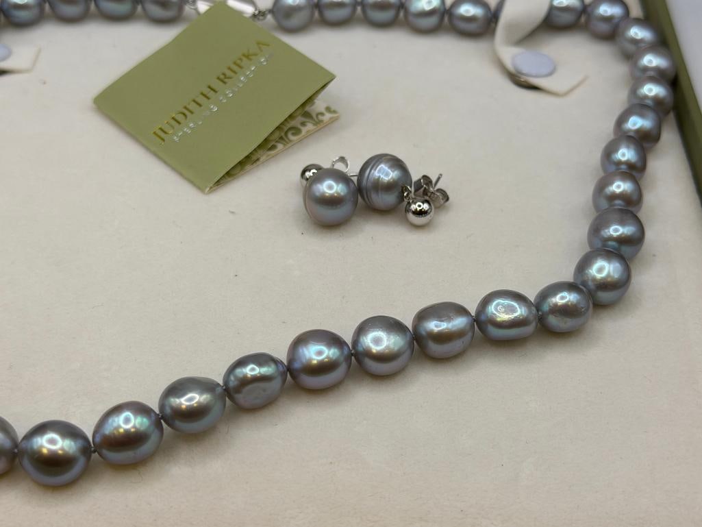 GREY PEARL NECKLACE WITH STERLING SILVER CLASP AND MATCHING EARRINGS - 2